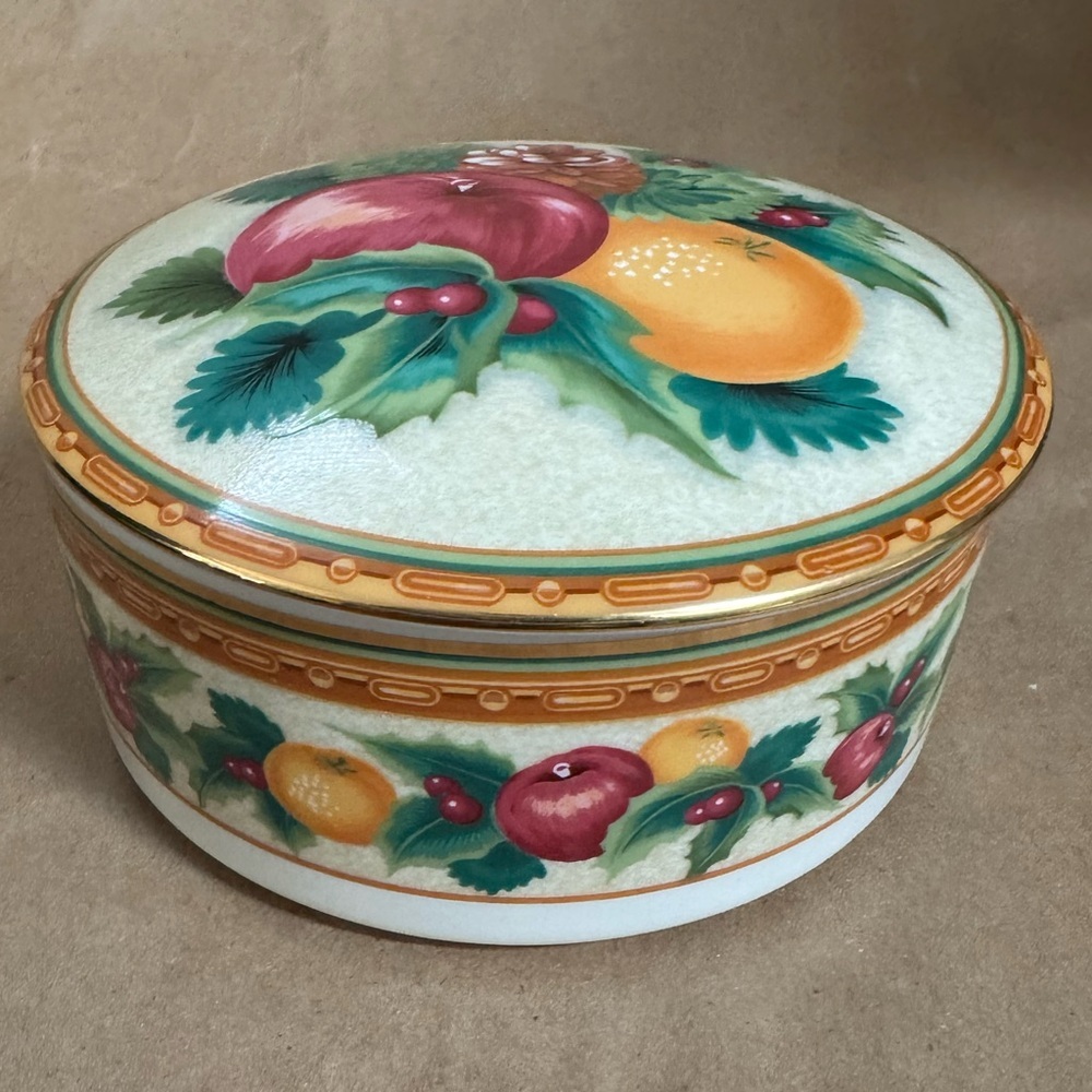 Vintage Mikasa Holiday Fruit Porcelain Covered Candy Box. 2.5” by 4”